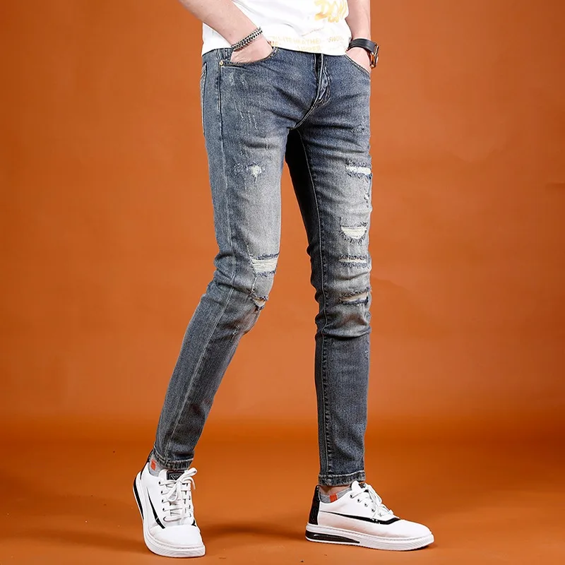 Ripped Jeans Men Summer Lightweight Slim Fit Pants 2022 New Streetwear Casual Vintage Blue Denim Trousers