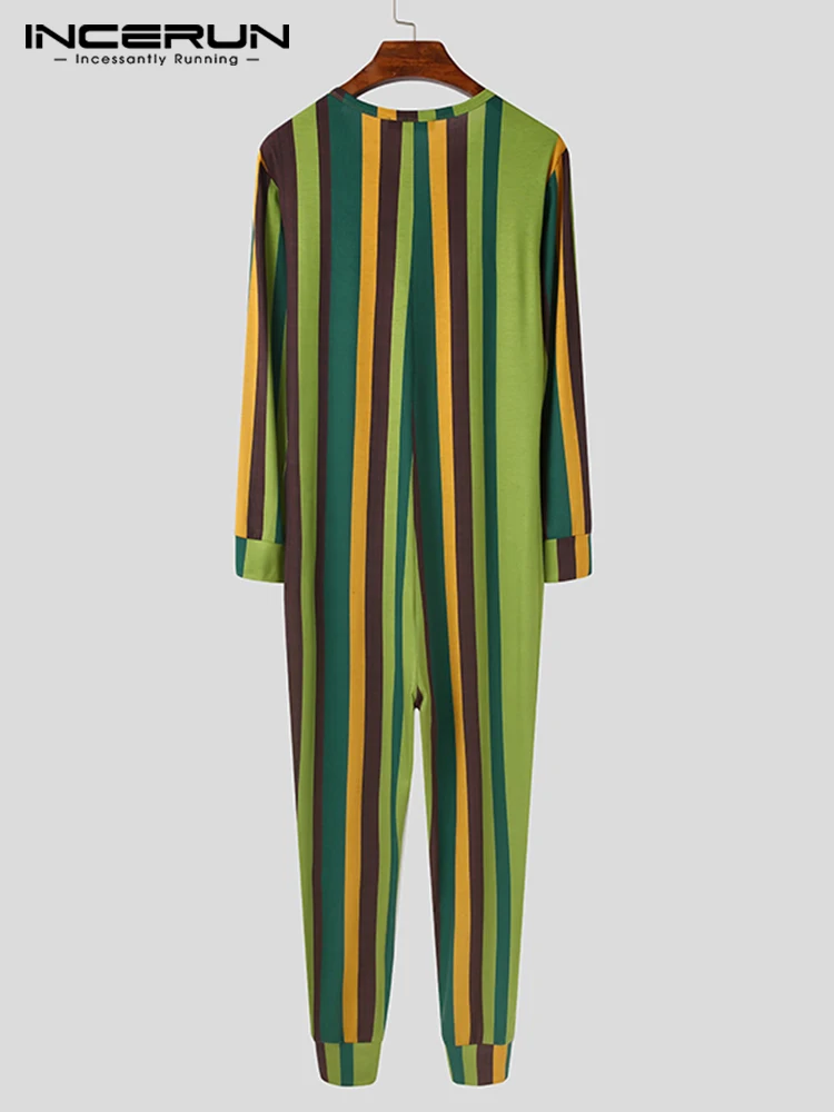 INCERUN Men Striped Pajamas Jumpsuit Long SLeeve Button Homewear Fitness Cozy Rompers Mens Leisure Comfortable Sleepwear S-5XL