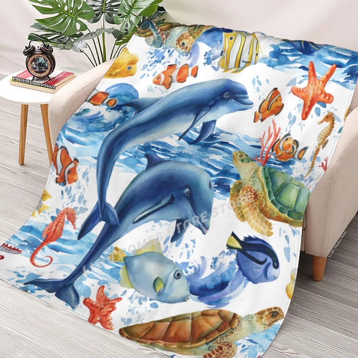 

Marine, Dolphins, Fish, Seahorse And Turtles Throw Blanket flannel Collage Blanket Bedding soft Cover Bedspreads Blankets