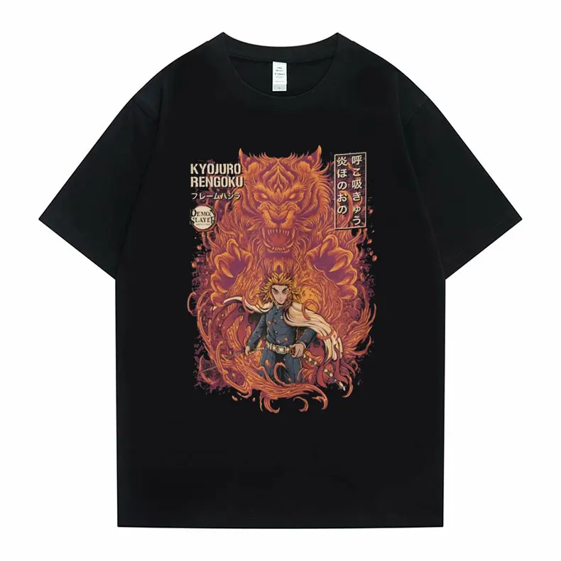 

Demon Slayer Anime Kimetsu No Yaiba Tshirt Short Sleeve Rengoku Kyoujuro Graphic T-shirt Men Crewneck Tee Unisex Black T Shirts