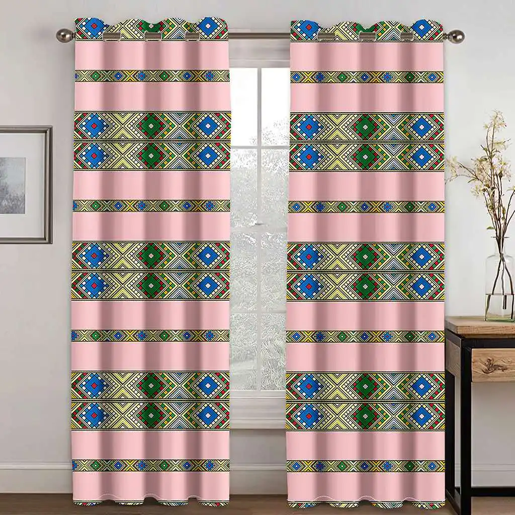 

Ethiopian Traditional Design Pink Gold Stripe Shade Curtains 2 Panels Moroccan Style Living Room Bedroom Home Decor Curtains