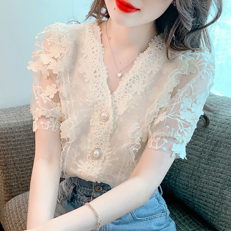 

Прозрачные кружевные шифоновые рубашки, элегантные женские топы с V-образным вырезом и цветочным принтом, топы с коротким рукавом 2023, блузка из двух частей, Повседневная Милая 27434