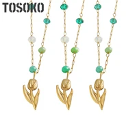 tosoko stainless steel jewelry crystal bead tulip pendant flower necklace feminine elegant cavicle chain bsp325