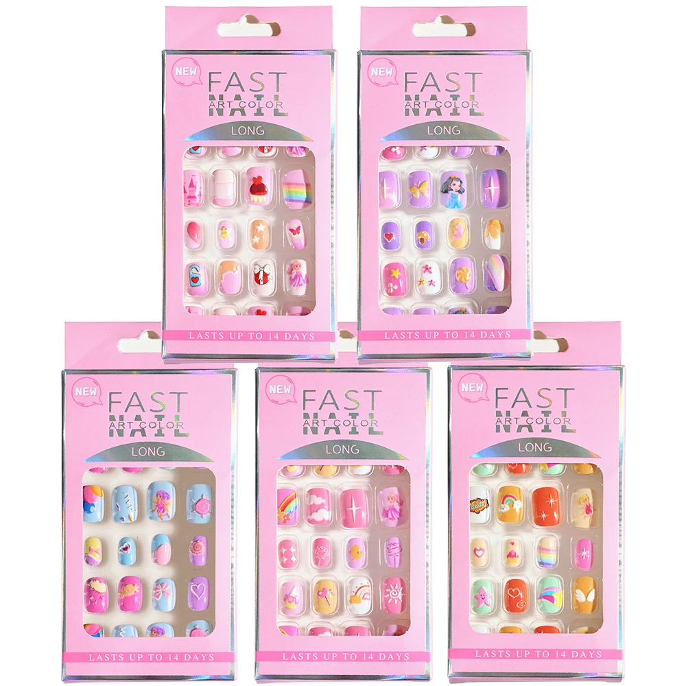 

24Pcs Kids Press on False Nails 5D Relief Embossing Cartoon Acrylic Tips Candy Color Wearing Fake Nails DIY Gifts for Children *