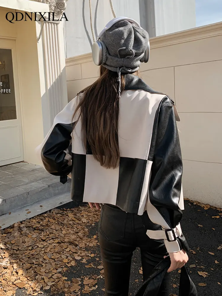 Jackets for Women 2023 Women's Leather Jacket  New Outerwea Black and White Plaid Stitching Top Short Casual Coat Jacket Woman