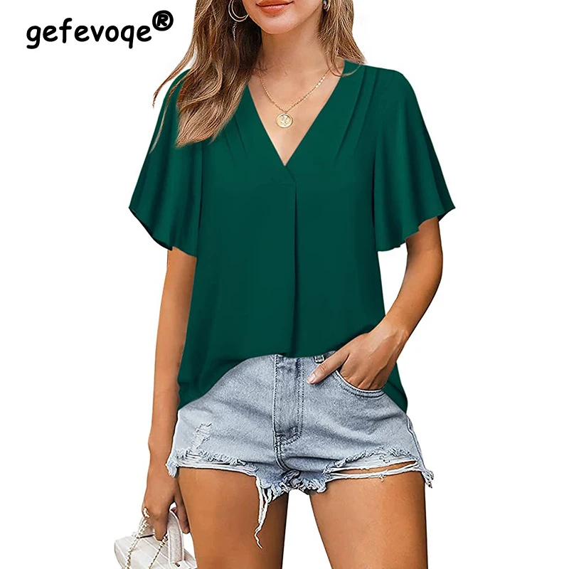 Women Fashion Blouses 2022 Summer Clothing Casual V Neck Short Sleeve Solid Color Office Ladies Loose Chiffon Shirts Tunic Tops