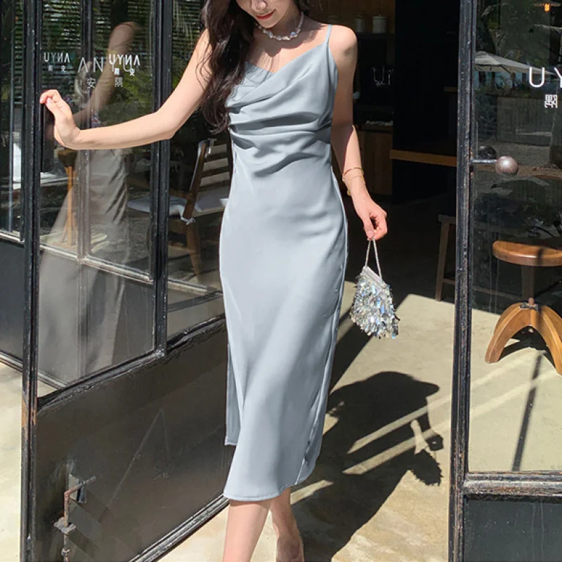 

French Elegant Blue Luxury Dress for Women's 2023 Summer Swinging Neck Satin Wrapped Waist Show Slim Sling Strap Long Dresses