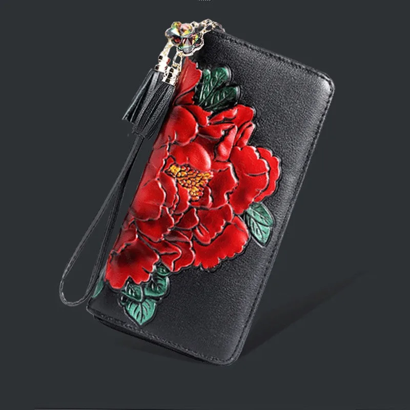 2023 New Genuine Leather Wallet Women Large Capacity Ladies Leather Purse Floral Pattern Female Clutch Phone Bag
