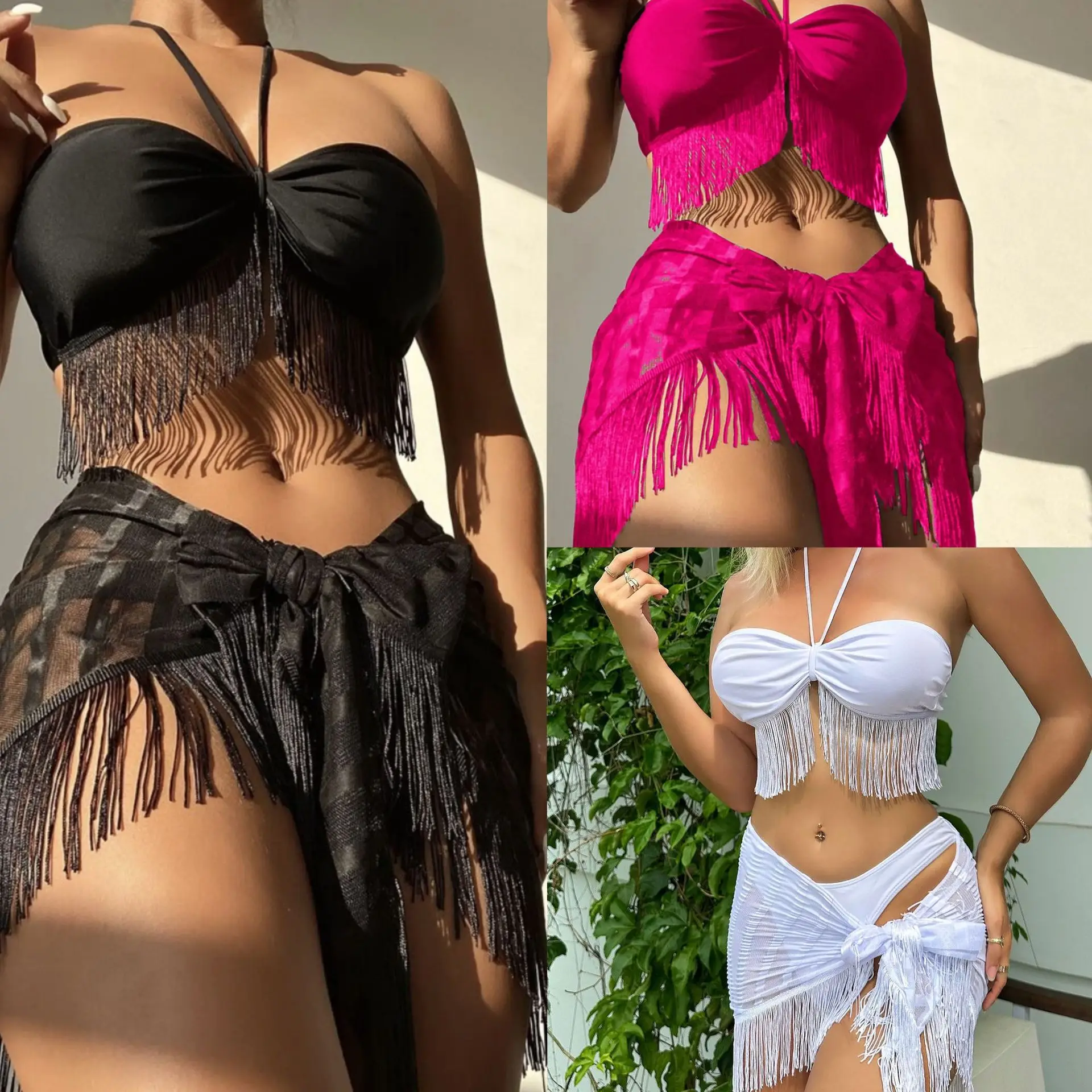 

Mesh Three Piece Swimsuit Sexy Lanyard Strap Texture Solid Tassel Bra Strap Bikini Summer Beach Push Up High Waisted Swimsuit