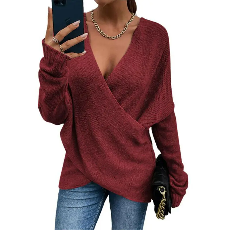 

2022 V-neck Cross Front Sexy Office Clothes Solid Jumper Casual Sweaters Women Sweater Fall Knit Sweater Women Long Sleeve Deep