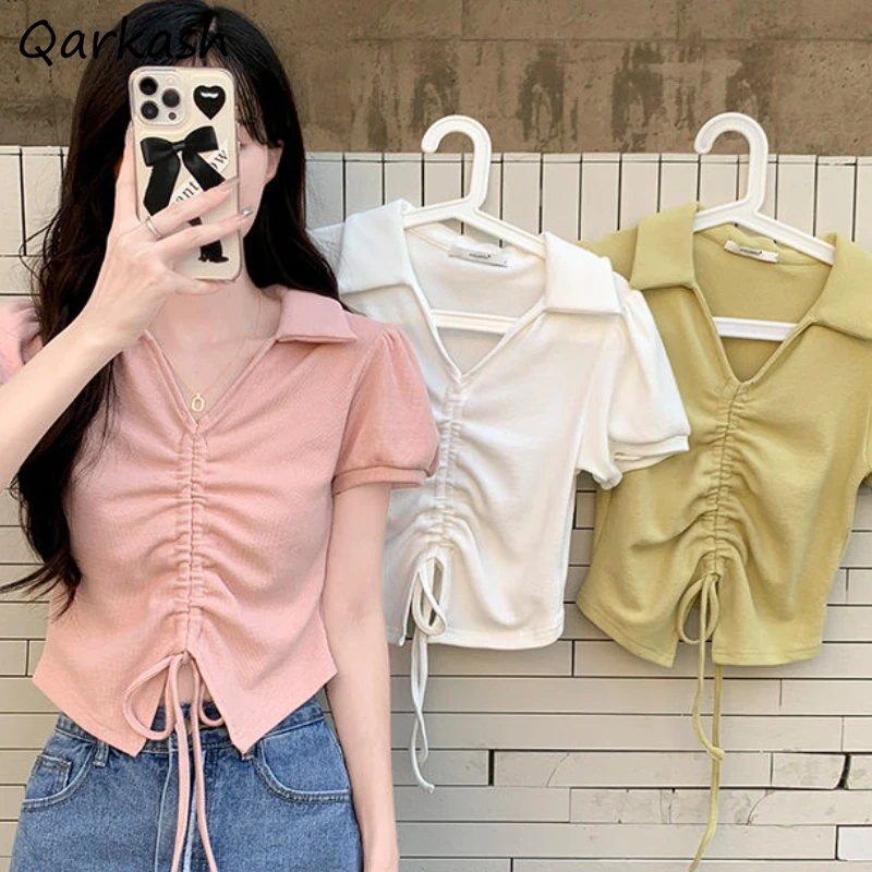 

Shirring T-shirts Women Hotsweet Summer Tender Tops All-match Ulzzang Girlish Chic Students Simple Aesthetic College Harajuku