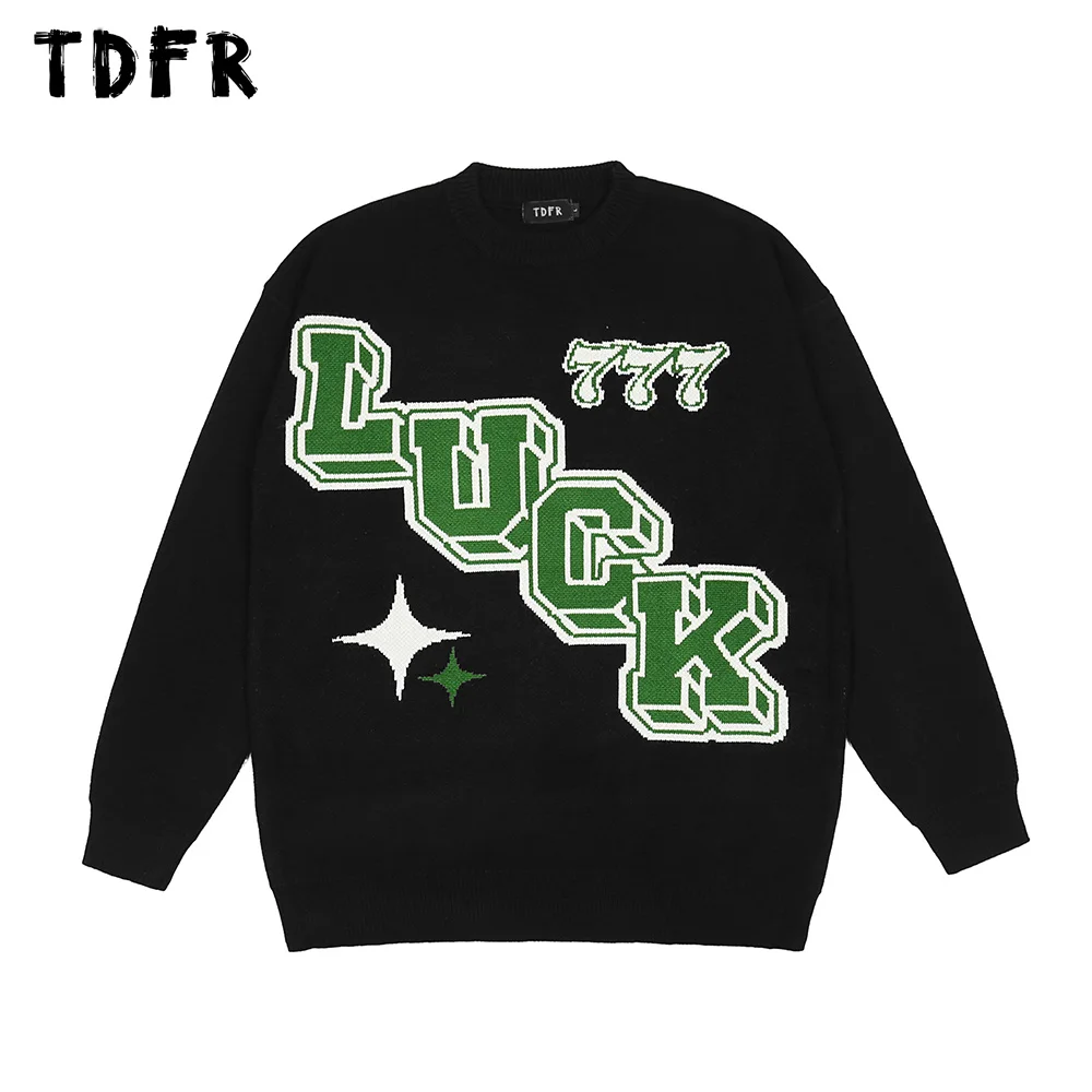 

Letter Jacquard Knitted Sweater Mens Autumn Winter Casual Loose Crew Neck Long Sleeve Pullover Men Top