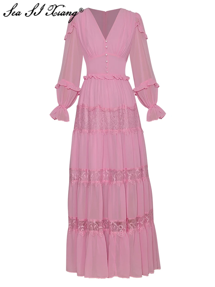 

Seasixiang Fashion Designer Summer Maxi Dress Women V-Neck Lantern Sleeve Ruffles Lace Patchwork Elegant Party Long Dresses