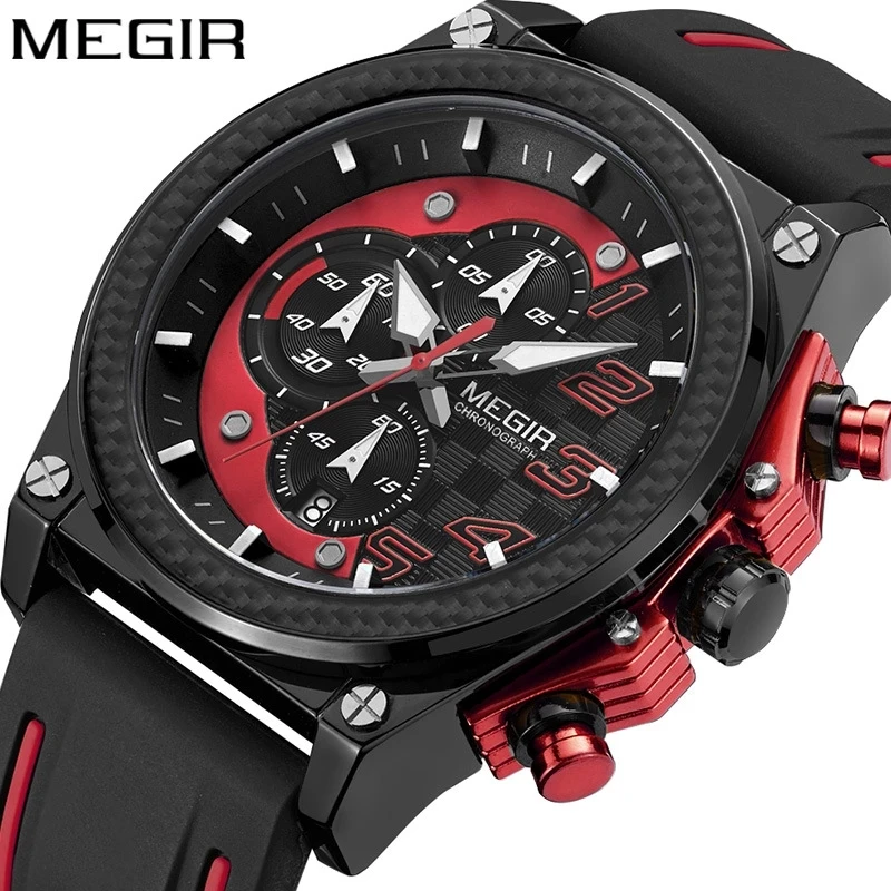 

Men Multifunction Silicone Sports Watch MEGIR 2051 Brand Big Dial Waterproof Chronograph Date Mens Luxury Quartz Wristwatches