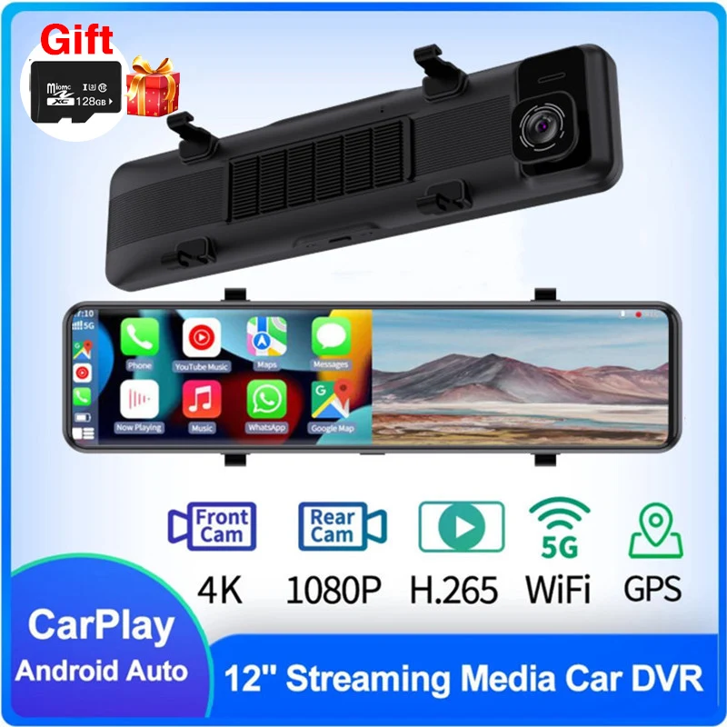 New 12" IPS Touch Screen 4K Car DVR Wireless CarPlay Android Auto WiFi GPS FM Rearview Camera Video Recorder Dashboard 24H Park