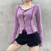 2021 sexy stitching hollow long sleeved t shirt for purple top hollow out slit streetwear slim cotton ladies casual patchwork