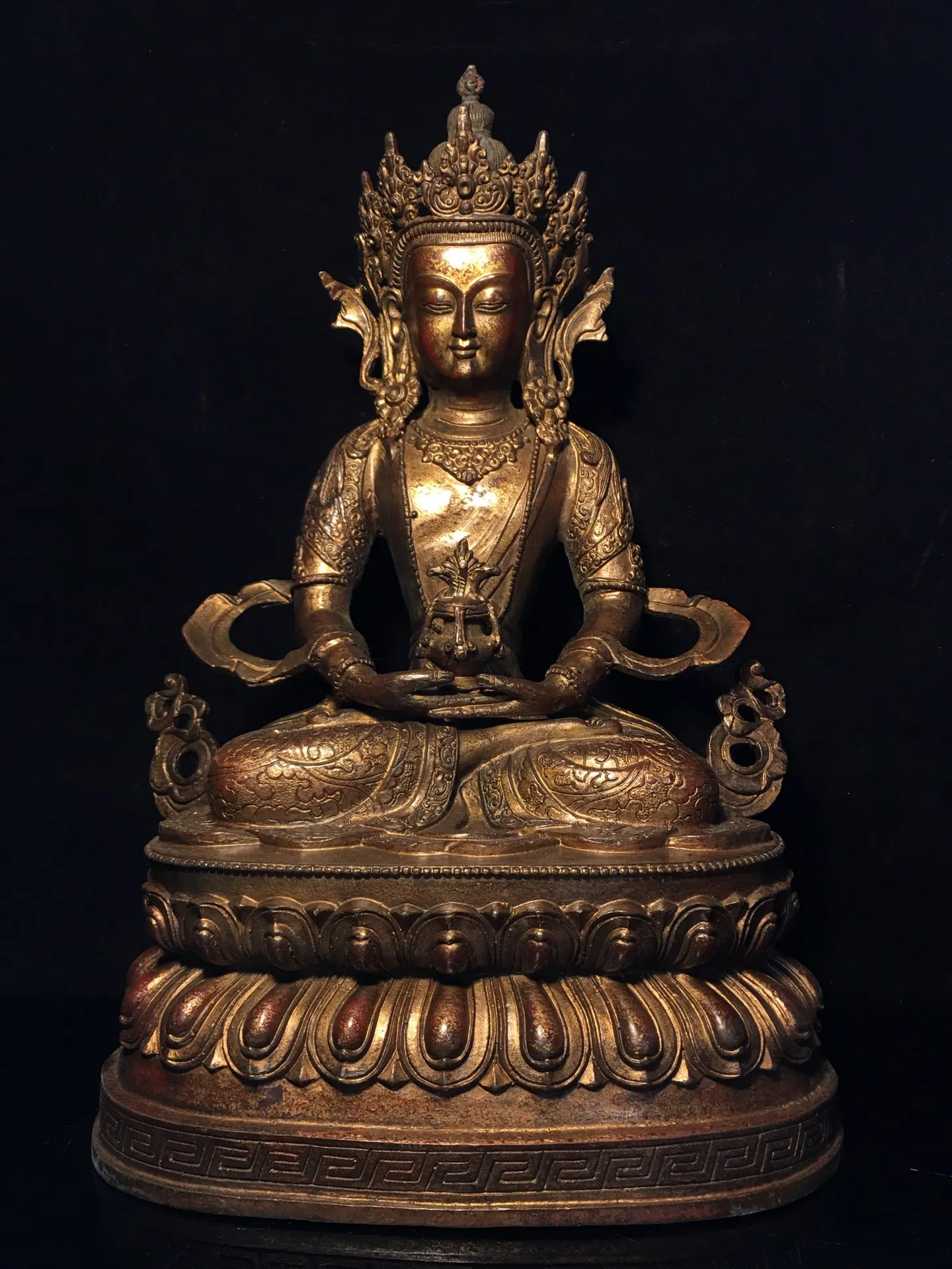 

15"Tibetan Temple Collection Old Bronze Cinnabar Muddy gold Longevity Buddha Lotus Platform Worship Hall Town House Exorcism