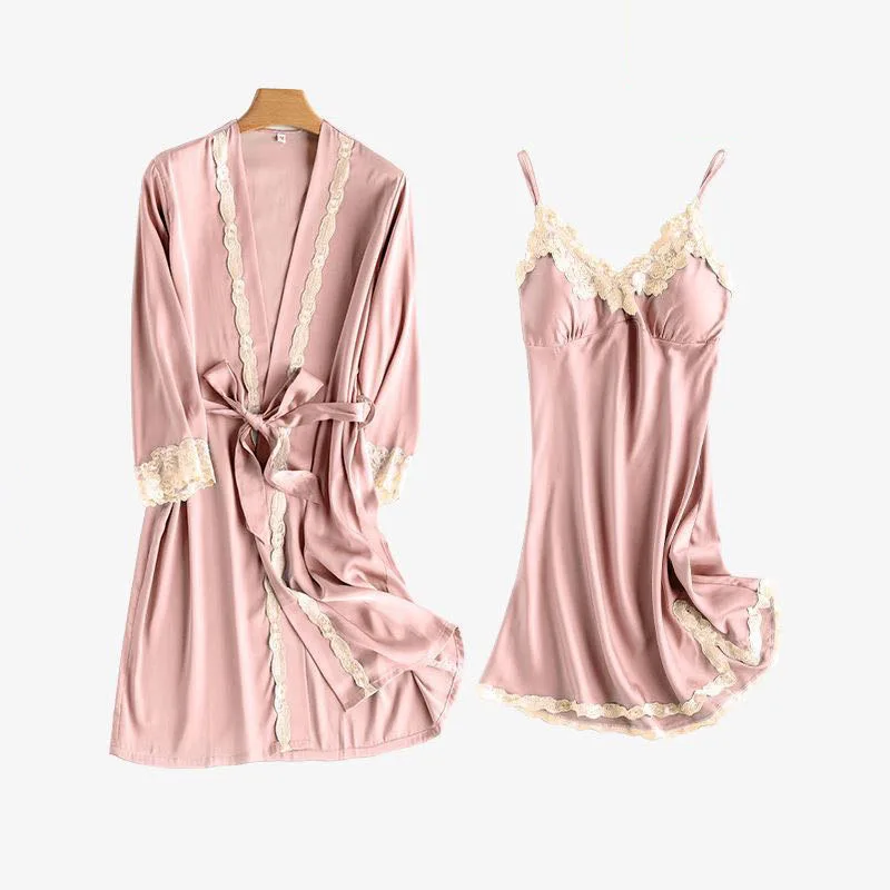 Women's Sleepwear 2 Pcs Sets Satin Silk Sleep Dress Sling Lace Dress and ong Sleeve Robe Pajamas Set