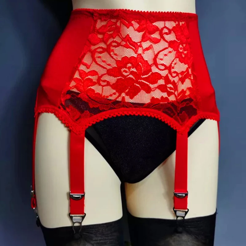Vintage Red Lace Garter Belt with 6 Straps Hollow Out Metal Clip Sexy Suspender Belt for Women Stockings Lingerie