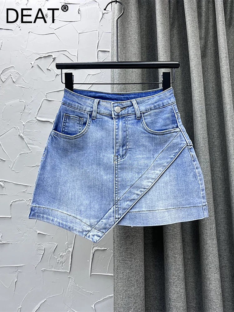 

DEAT Women's Denim Skirt High Waist Solid Color Patchwork Asymmetrical Wrap Hip Mini Skirts 2023 Summer New Fashion 29L1650