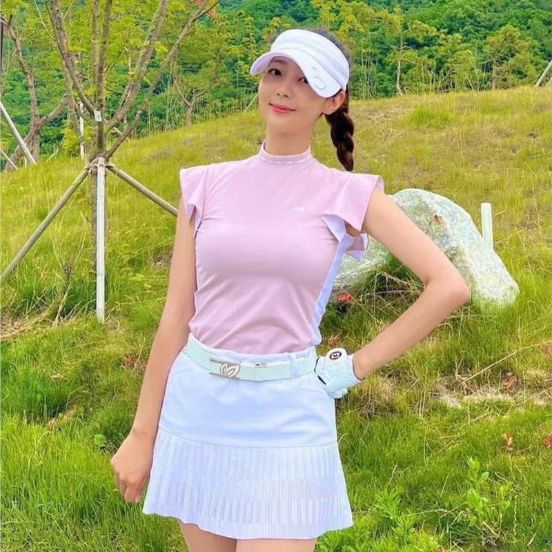 

Golf Women's Short Sleeve T-shirt Summer Standing Collar Ruffle Sleeve Top Fashion Stretch Breathable Golf Women's Wear