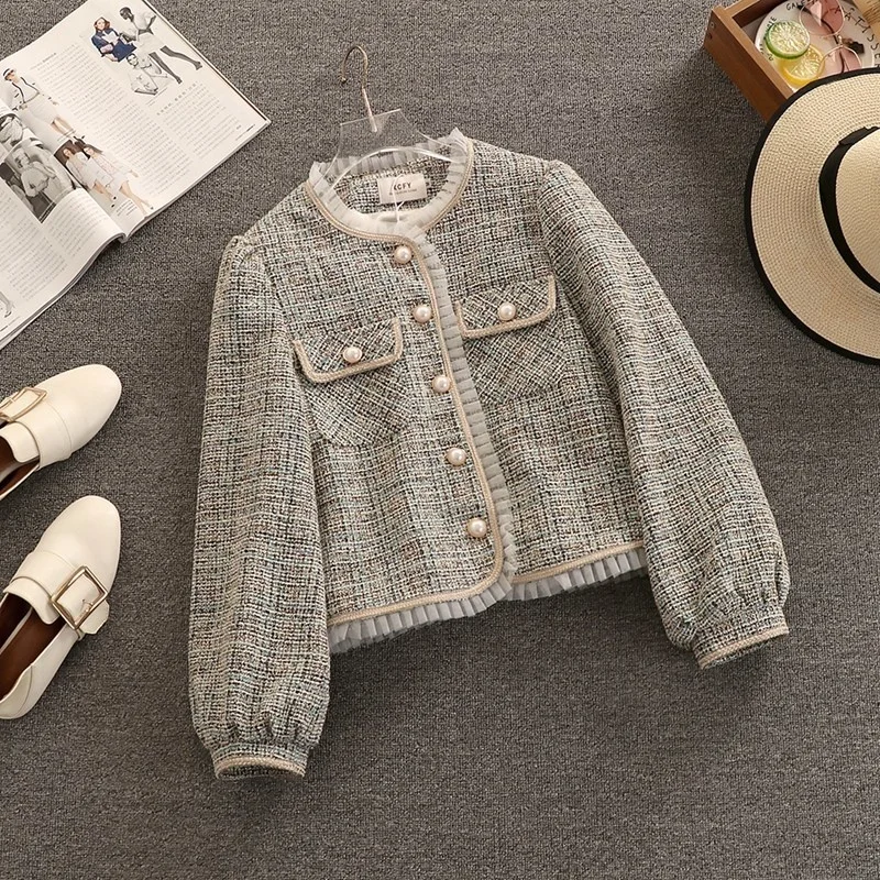 

High Quality Vintage Small Fragrance Tweed Jacket Coat Women Korean Casual Woolen Coat Fashion Streetwear Outwear Crop Top