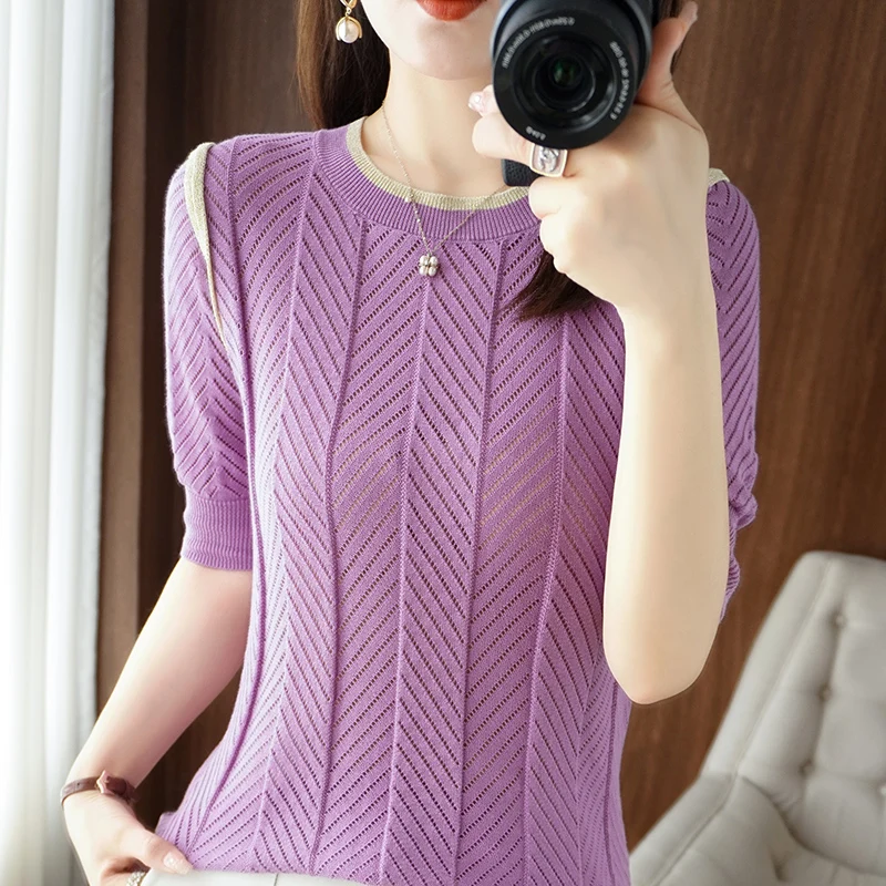 

FRSEUCAG 100% Cotton T-Shirt Women's Solid Color Knit Slim Fit Sexy Women's T-Shirt Short Sleeve Thin Summer Pullover Hot Sale