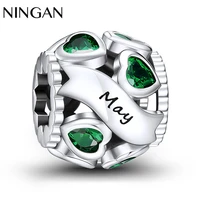 ningan brand original genuine 925 sterling silver birthstone charm round hollow beads with shiny green zircon