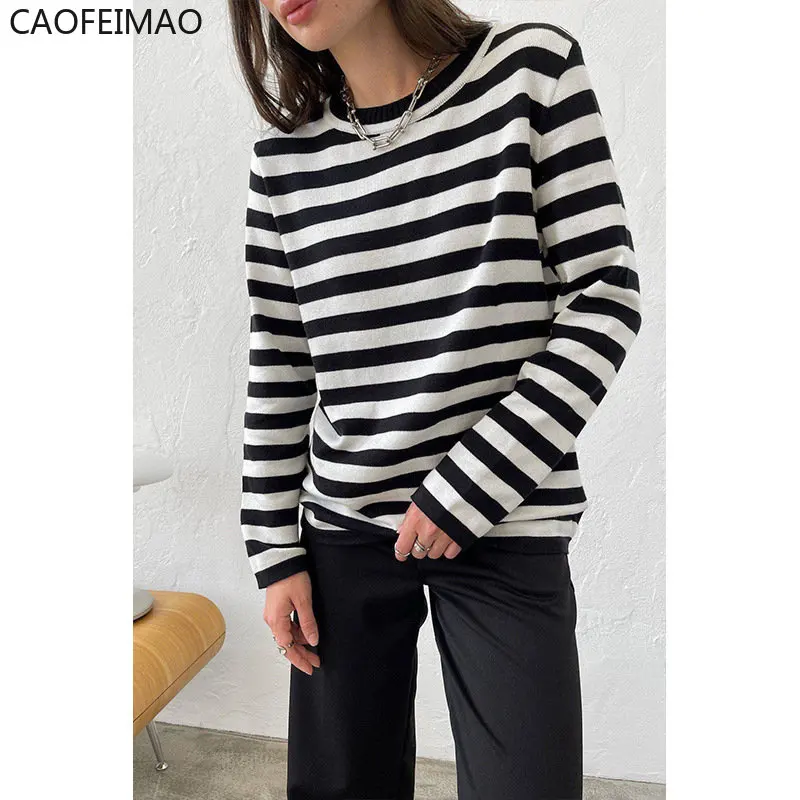 

2023 Caofeimao Women O Neck Stripped Sweater Knitted Casual Pullover Stylish Jumper Autumn Winter High Street Tops Knitwear