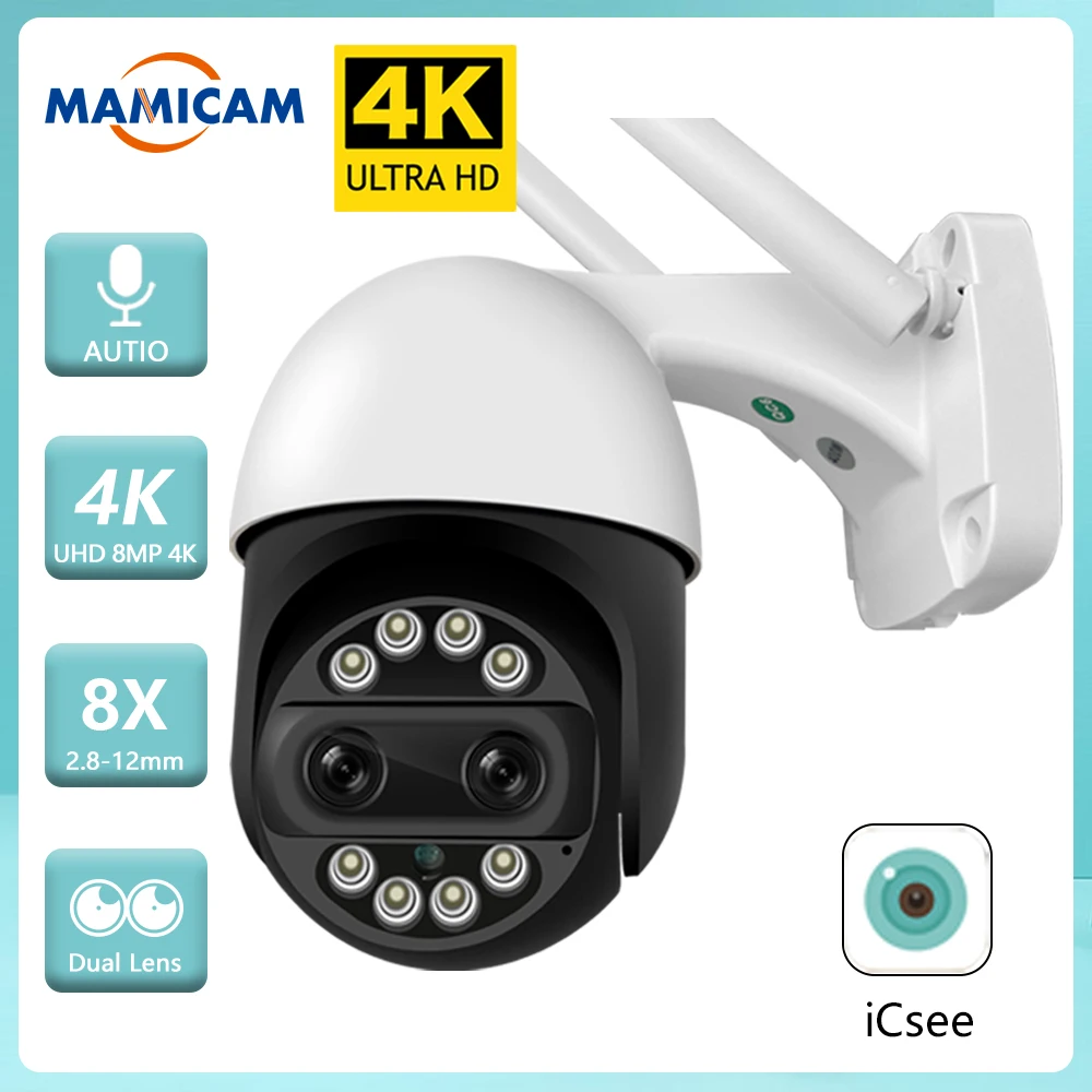IP Camera Wifi Security Surveillance Dual Lens PTZ 8MP 8X Zoom Color IR Night Vision Auto Tracking Two Way Audio 2.8MM 12MM