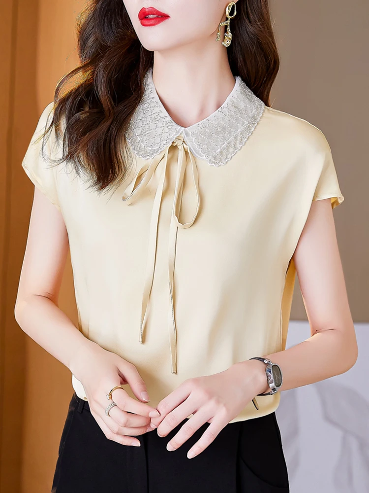 

Beading Peter Pan Collar Satin Chiffon Blouse Women Lace Up Bow 2022 Summer Ladies Blouses Short Sleeve Womens Clothing Blusas