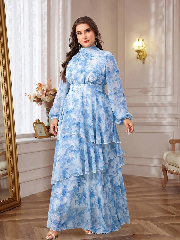 Женское платье с принтом воротником-стойкой и рукавами-фонариками