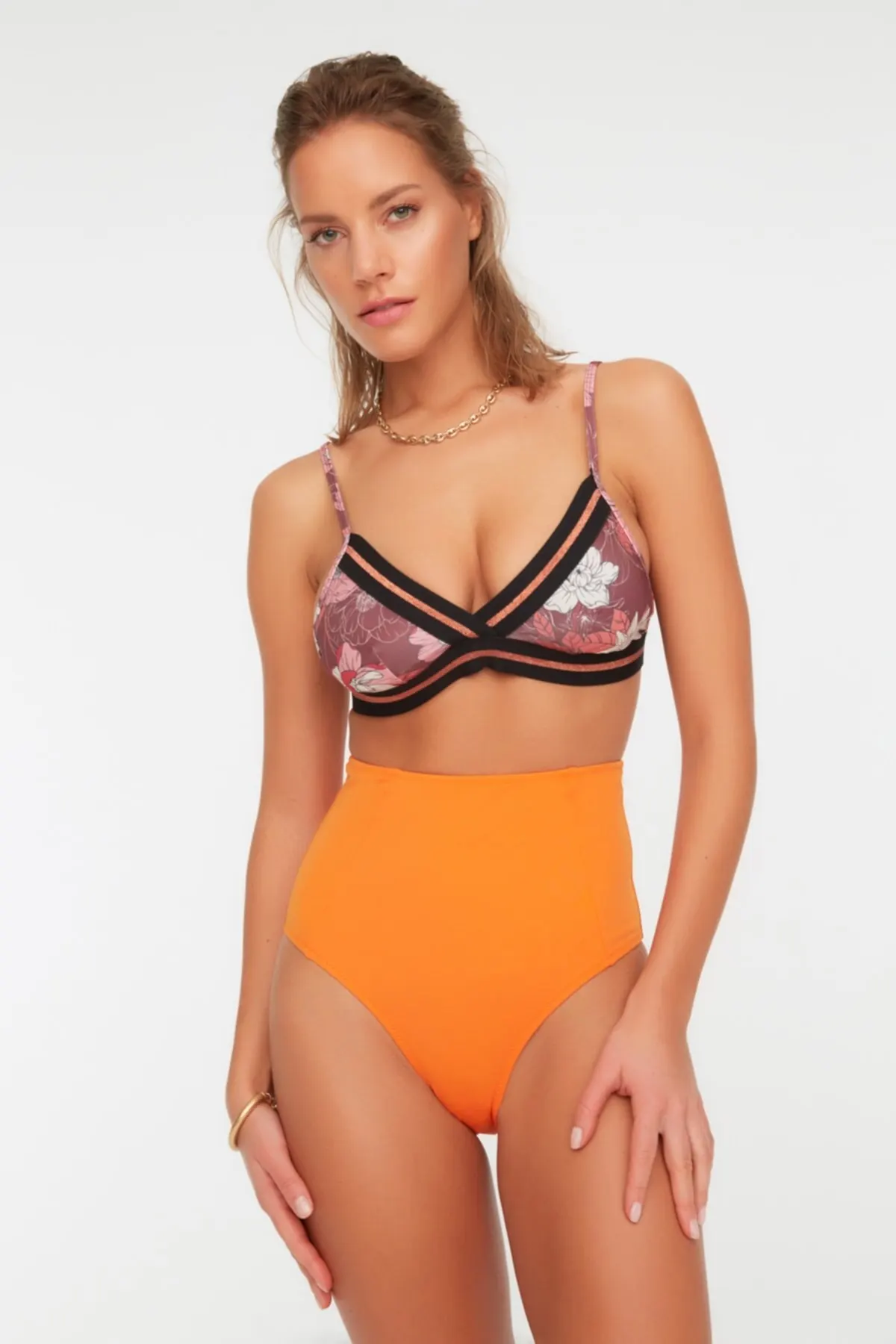 

Women's Bikini Orange High Waist Cup stitching Bikini Bottoms Swimwear Lady Swimsuit 2022 Summer New Pushup Bikinis