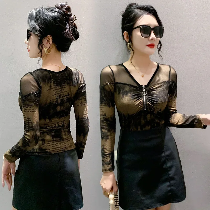 Модная облегающая футболка с круглым вырезом и полой лоскутной сеткой женская