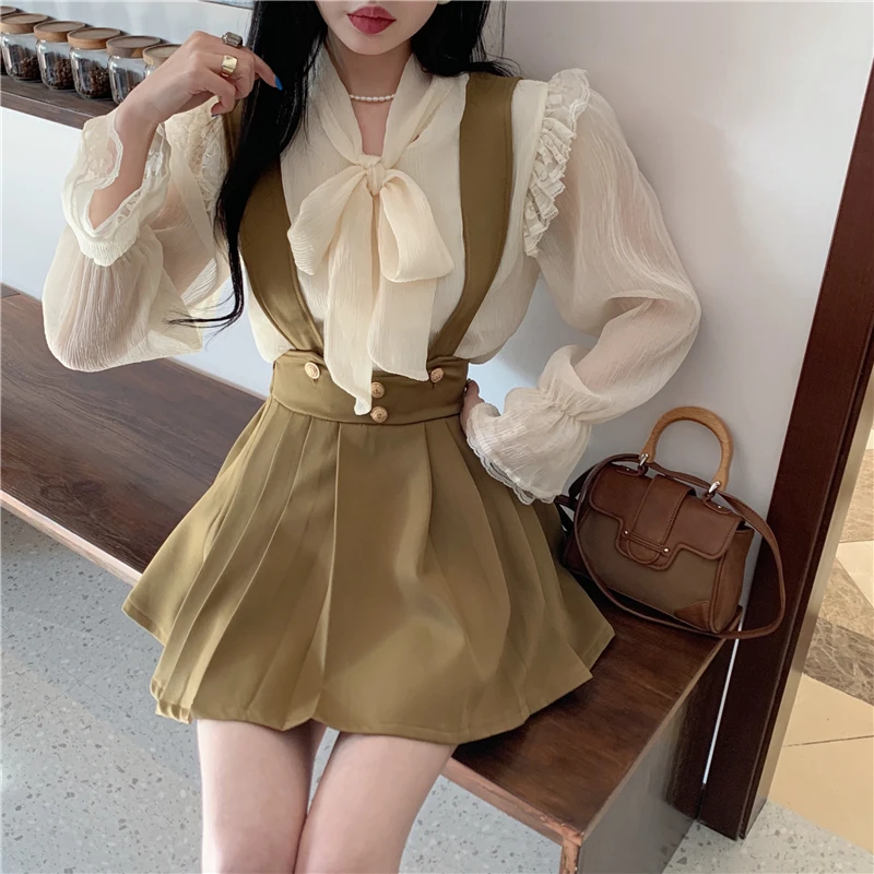 Шифоновая кружевная Свободная блузка с длинным рукавом и бантом + узкая юбка