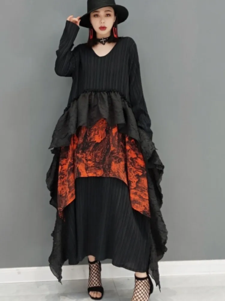 

URIOR 2023 Autumn New Fashion Patchwork Thin Dress Casual V-neck Splice Unique Pleats Loose Long Dress