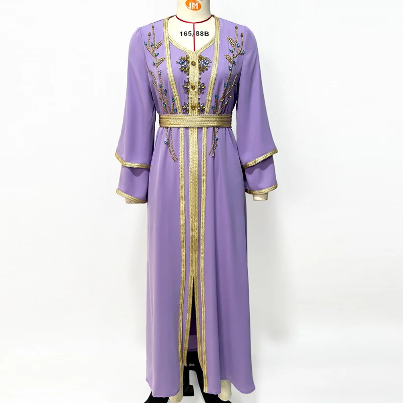 Eid-al-Adha Party Evening Abaya Dress Set for Women Gorgeous Rhinestone Golden Tape Trim Moroccan Caftan Arab Dubai 2 Pieces Set