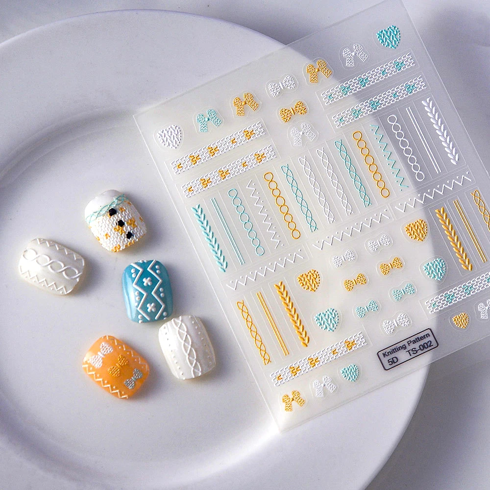 

Winter 3D Gentle Nail Art Sticker Embossed Knitting Pattern Hat Sweater Designs Sticky Tattoos Gel Deco Decals Press on Nails