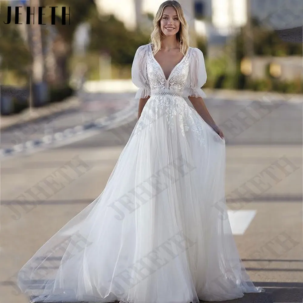 JEHETH Свадебные платья с V-образным вырезом аппликацией рукавами-фонариками