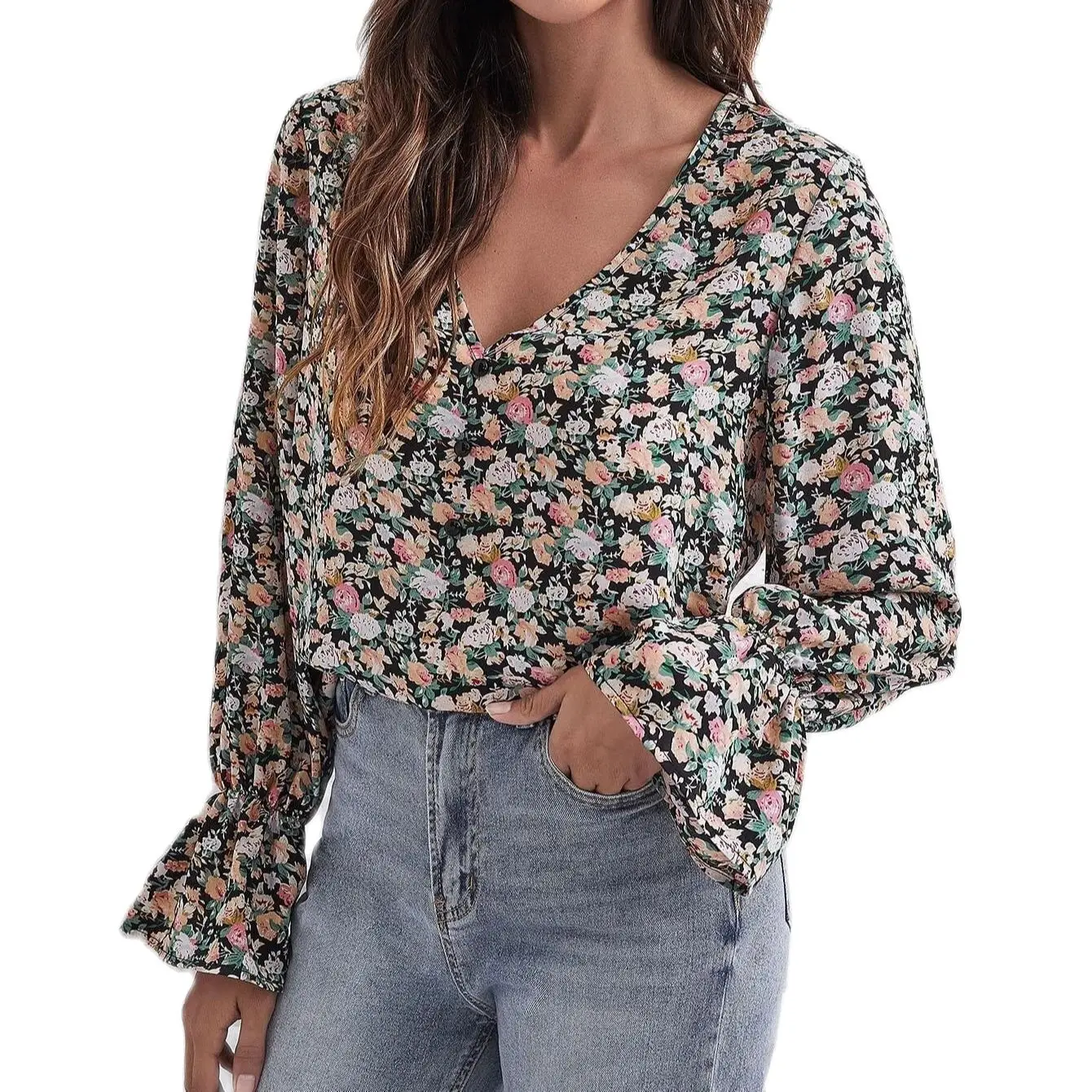 

2022 Hot-selling V-neck Sleeve Long Sleeve Chiffon Floral Blouse Temperament Commuter Loose Blouse