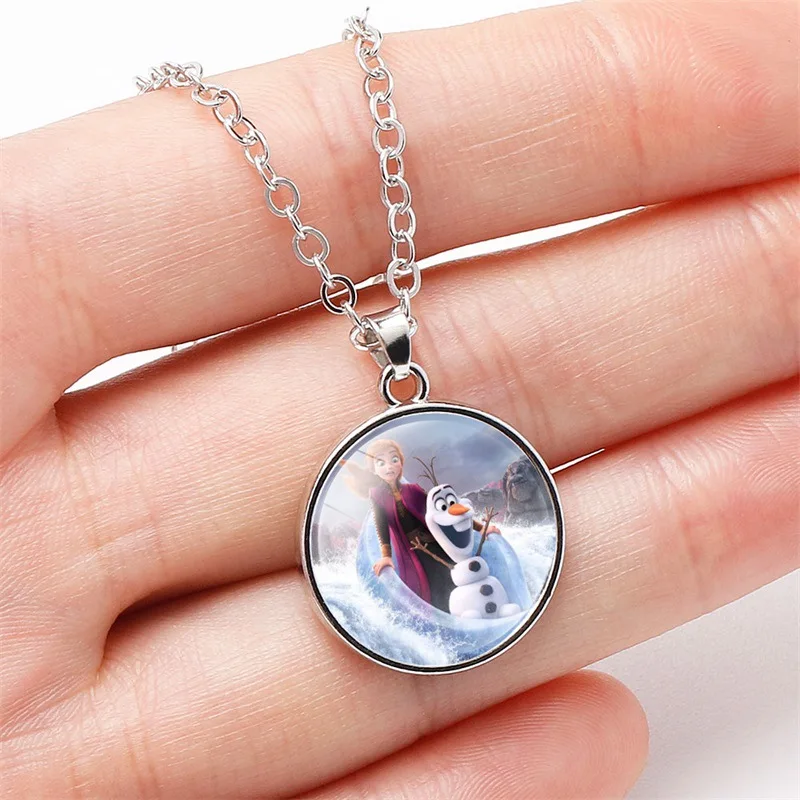 

Disney Frozen Necklaces Cartoon Snow White Elsa Princess Anna Round Shaped Figure Pendant Girls Accessories Kids Christmas Gifts