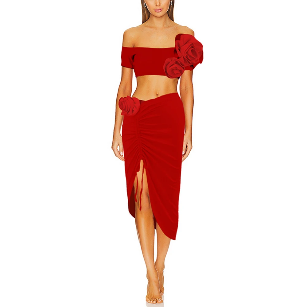 

Solid Color Flower One-Word Shoulder Strap Bikini Fashion 2023 Women'S Low-Rise Sexy Halter Swimsuit Two-Piece Summer