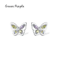 green purple simple butterfly stud earrings s925 sterling silver jewerlry for women color zircon fashion earrings accessories