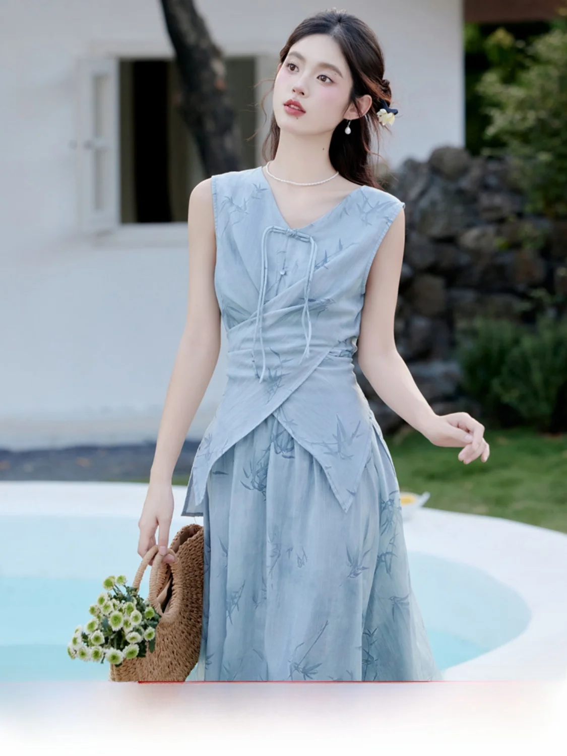 Новый китайский комплект Sle National женский летний 2024 новое синее платье топ без