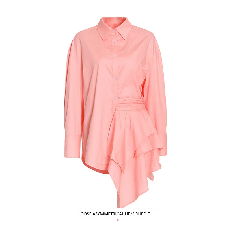 

Chic Shirt 2022 Autumn Fall Lapel Slim Pink White Long Sleeve Shirts Women Asymmetrical Ruffle Top Women Casual Office Blouses