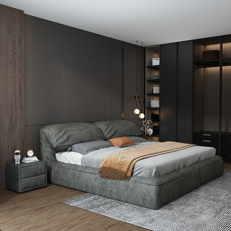 

Ltalian Fabric Bed Modern Minimalist Master Bedroom With Storage Space Double Bed Box with Ractangle bedside table