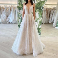 charming a line spaghetti strap tulle wedding dresses shiny lace appliques bridal dress floor length long organza prom gown 2022