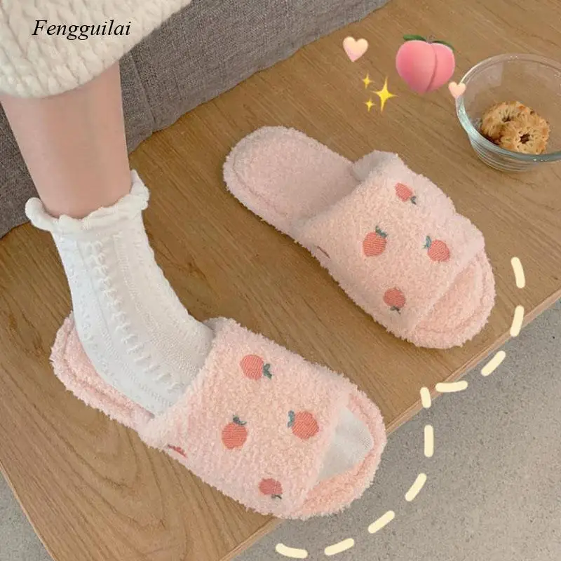 2022 Cute Cartoon Peach Plush Women Slippers Winter Home Warm Furry Footwear New Fashion Autumn House Slides Female Flip Flops