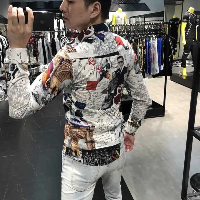 Men's autumn trend long sleeve shirt tide brand personalized printing slim shirt men's cardigan top