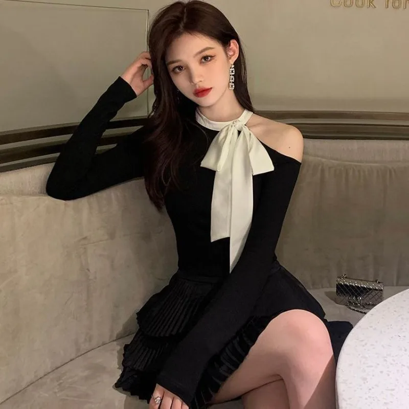 Модный тонкий однотонный трикотаж с бантом женский весенне-осенний сексуальный